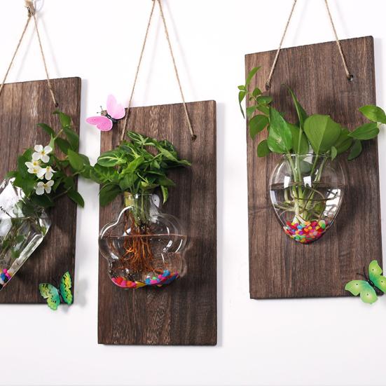 Yousheng Glass Wall Planter Hanging Vase with Wooden Board Oblate Flower Vase for Hydroponics Plants Flowers Home Office Decor