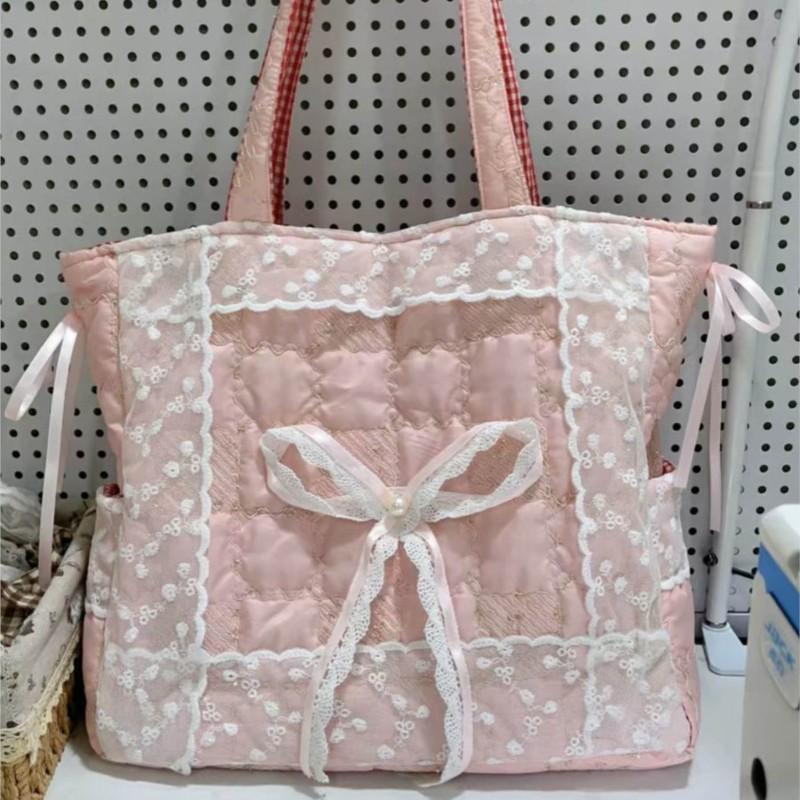 Schoolbag Women's Pink Sweet Lovely Bow Tote Bag Lace Patchwork Plaid Large Capacity Shoulder Bag Fashion Versatile Underarm Bag Chic