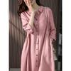 Fashion Elegant Loose Casual Shirt Dress Women Pockets Pleated A-line Single Breasted Dress Femlae Solid Simple Sexy Ladies Pink Dresses 1309