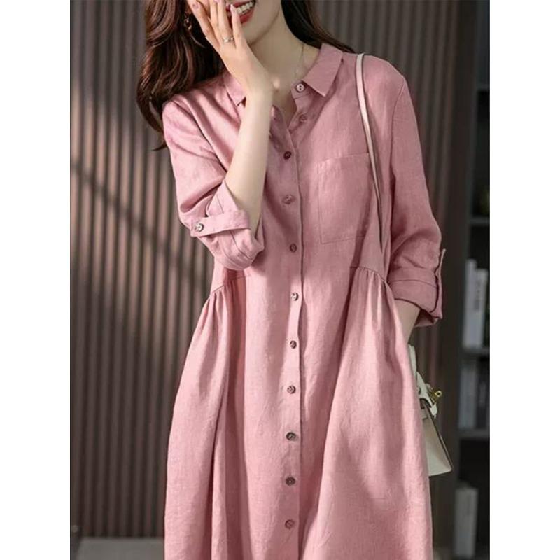 Fashion Elegant Loose Casual Shirt Dress Women Pockets Pleated A-line Single Breasted Dress Femlae Solid Simple Sexy Ladies Pink Dresses 1309