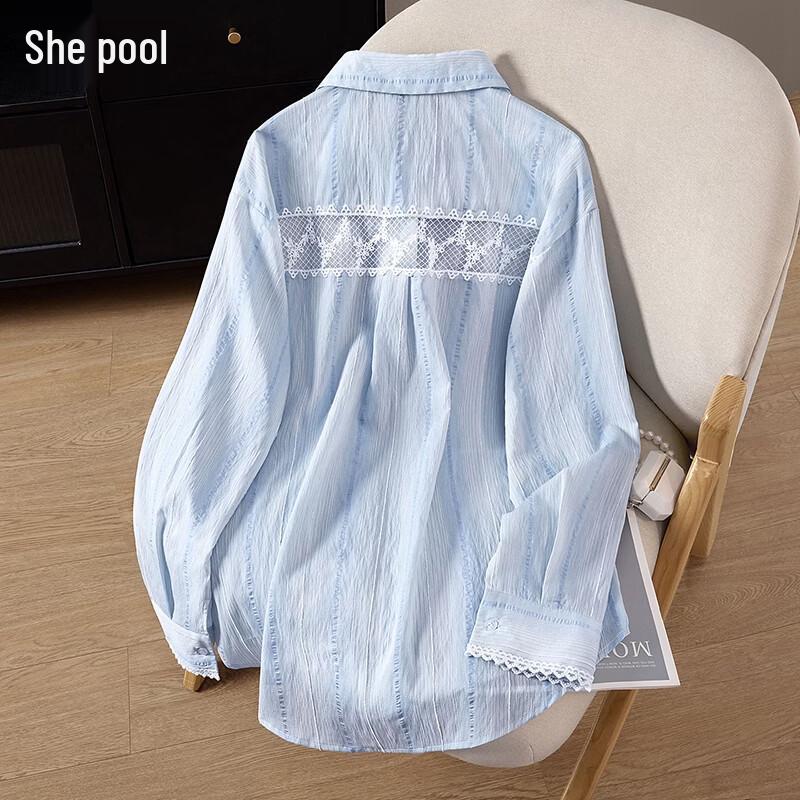 Women s Sweet Lace Trim Striped Loose Long Sleeve Shirt L
