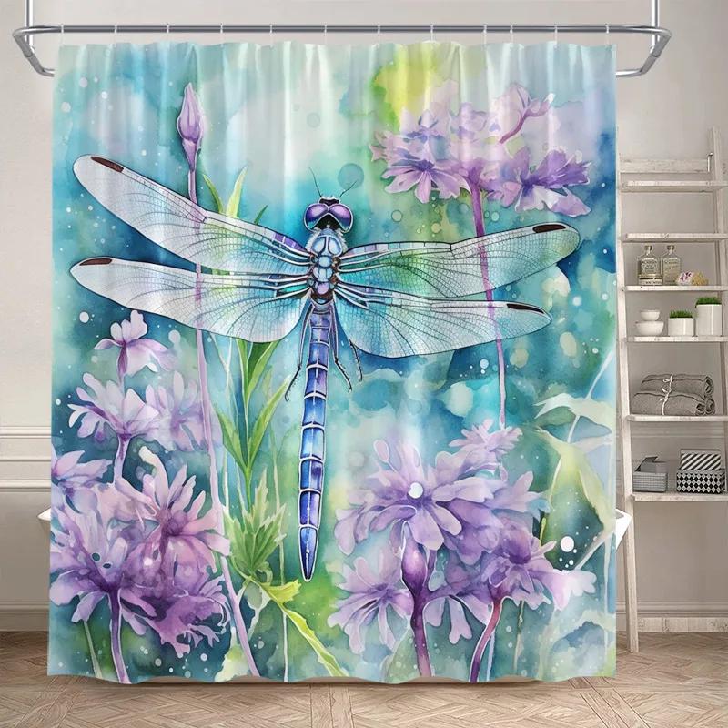 Floral Dragonfly Shower Curtains Watercolour Dandelion Rustic Flower Plants Polyester Fabric Bathroom Curtain Decor With Hooks