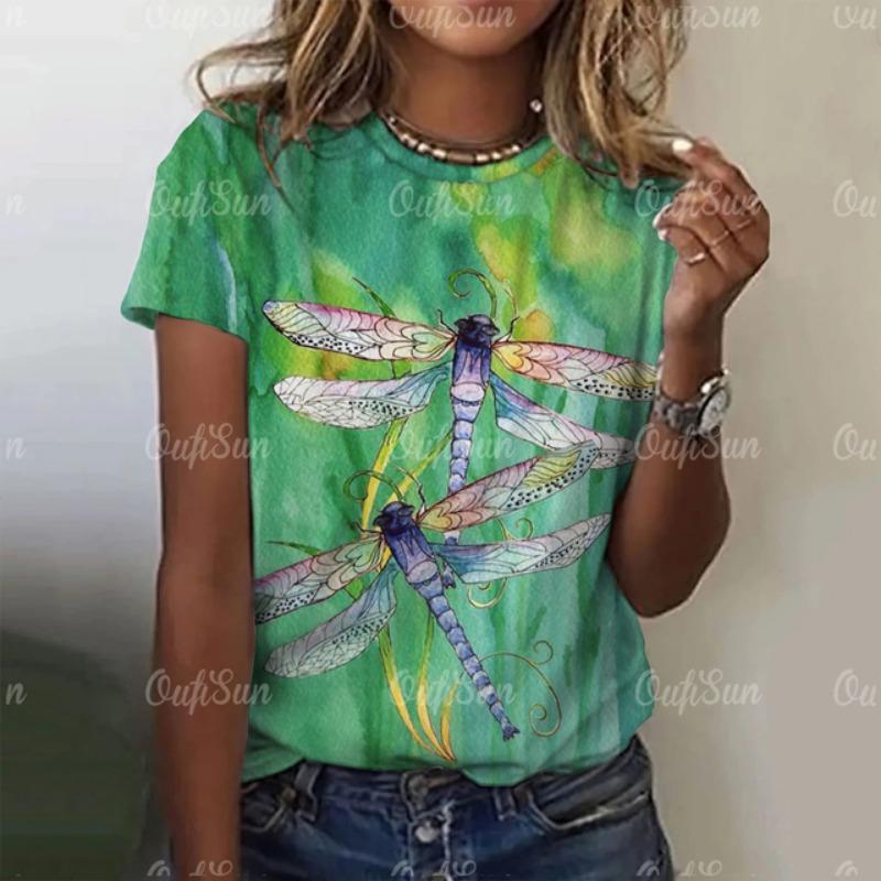 2024 Fashion Women's Short Sleeve Women's T-Shirt Dragonfly Print Fashion T-Shirt for Women Basic Casual Women's Oversized Top