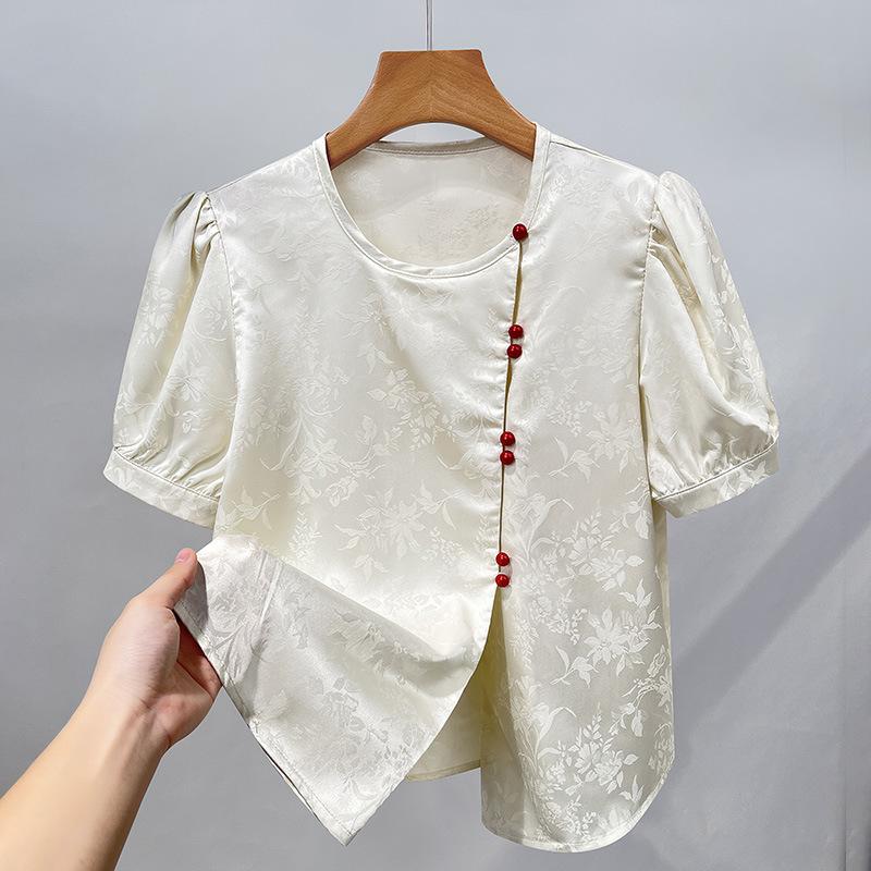 Garden Neck Short-sleeved Chiffon Shirt for Women New Chinese Style Women's New Jacquard Shirt Age-reducing Puff Sleeve Top