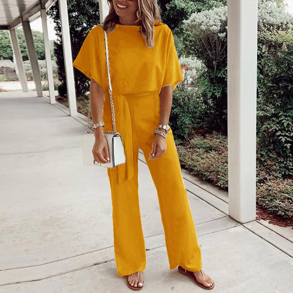 Women Fashion Leisure Solid Color Lace-Up Short Sleeves Female Jumpsuit