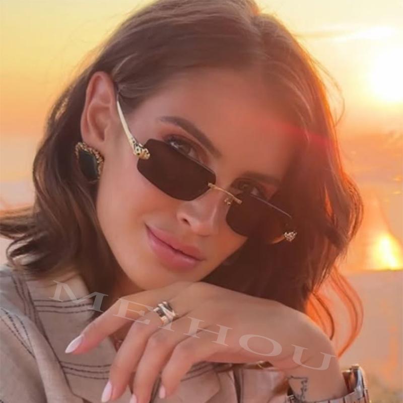 Rimless Square Fashion Sunglasses Woman Vintage Rimless Rectangle Sunglasses Women  New Luxury Brand Design Black Shades