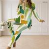 Women Plus Size Geometric Printed Half Zip Long Sleeve Longline Top Fitted Pants Two Piece Set
