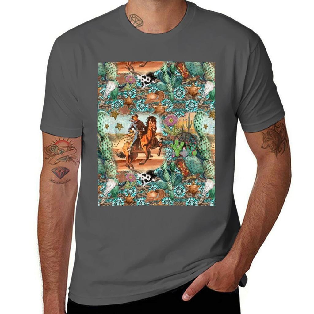 Jewelry, T Cotton Cactus Cowhide and Man Graphic Cowboy for Shirt T Vintage Men Shirts Turquoise with 100% T-Shirt