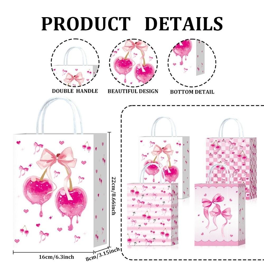 5PCS Sweet Pink Paper Gift Bags White Bow Handheld Design Pink Bow Theme Bow Themed Paper Material Candy Tote Bag Wedding Party