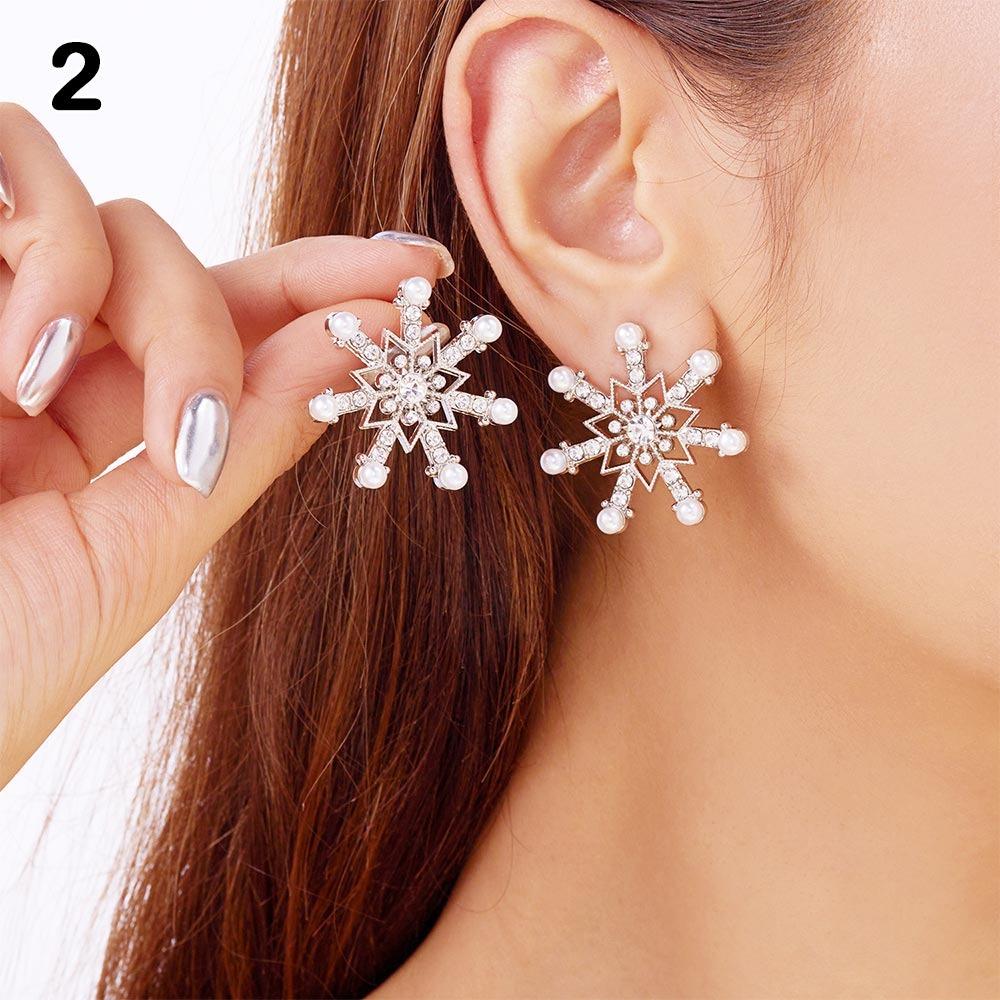 Crystal Zircon Pearl Christmas Stud Earrings Snowflake Long Tassel Earring  Party Accessories