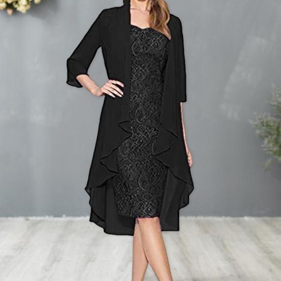 2 Pcs/Set Women Cardigan Dress Set Lace Floral Embroidery O Neck Slim Fit Midi Dress Irregular Three Quarter Sleeve Mid