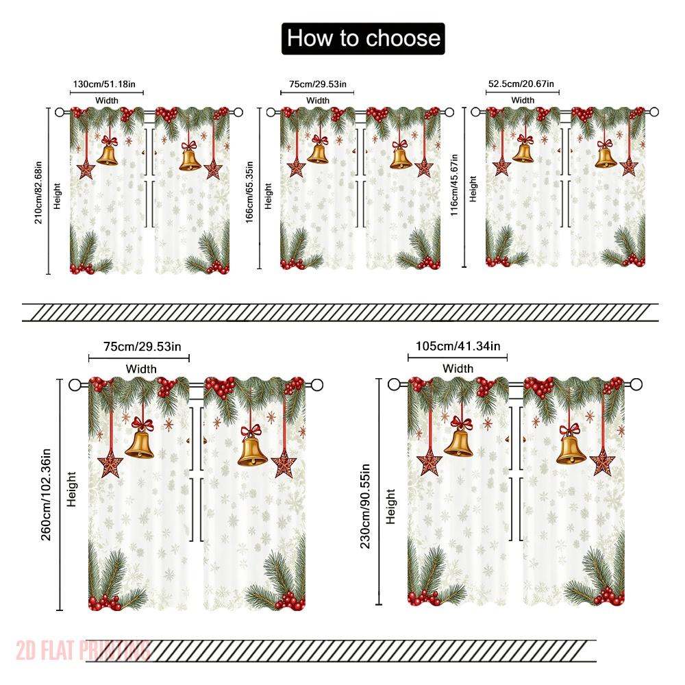 2 szt., druk płaski 2D Kreatywne zasłony Dzwonki świąteczne Gwiazdy Płatki śniegu Obramowanie Tkane poliestrowe (bez pręta) Użytek świąteczny dla