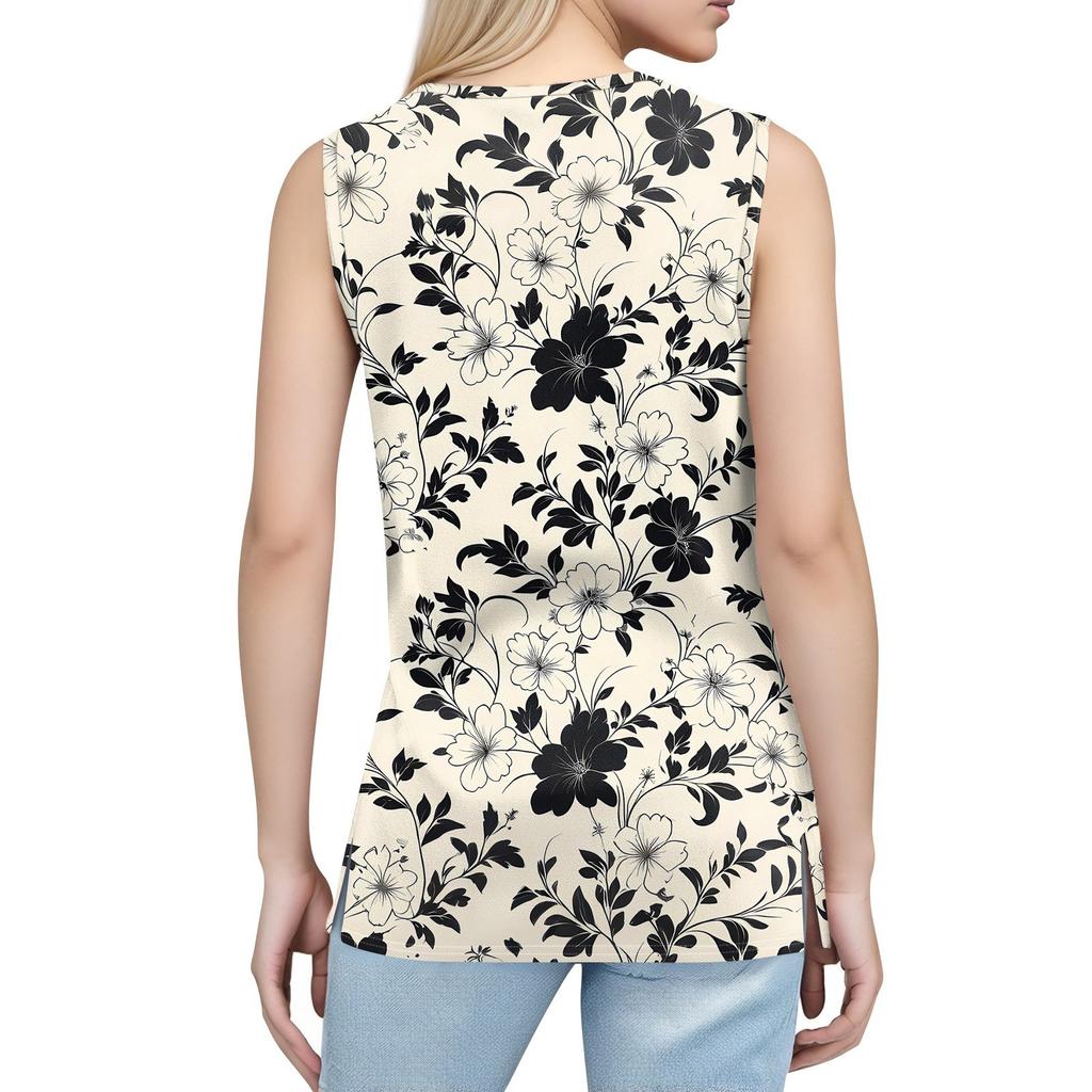 Women's Print Tank Top Button-down V-neck T-shirt Sleeveless Loose Fashion Top