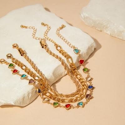 3pcs Elegant Fashion Colorful Love Heart Peach Heart Tassel Pendant Anklet Set Multi-Layer Stackable Metal Twisted Chain Jewelry Set