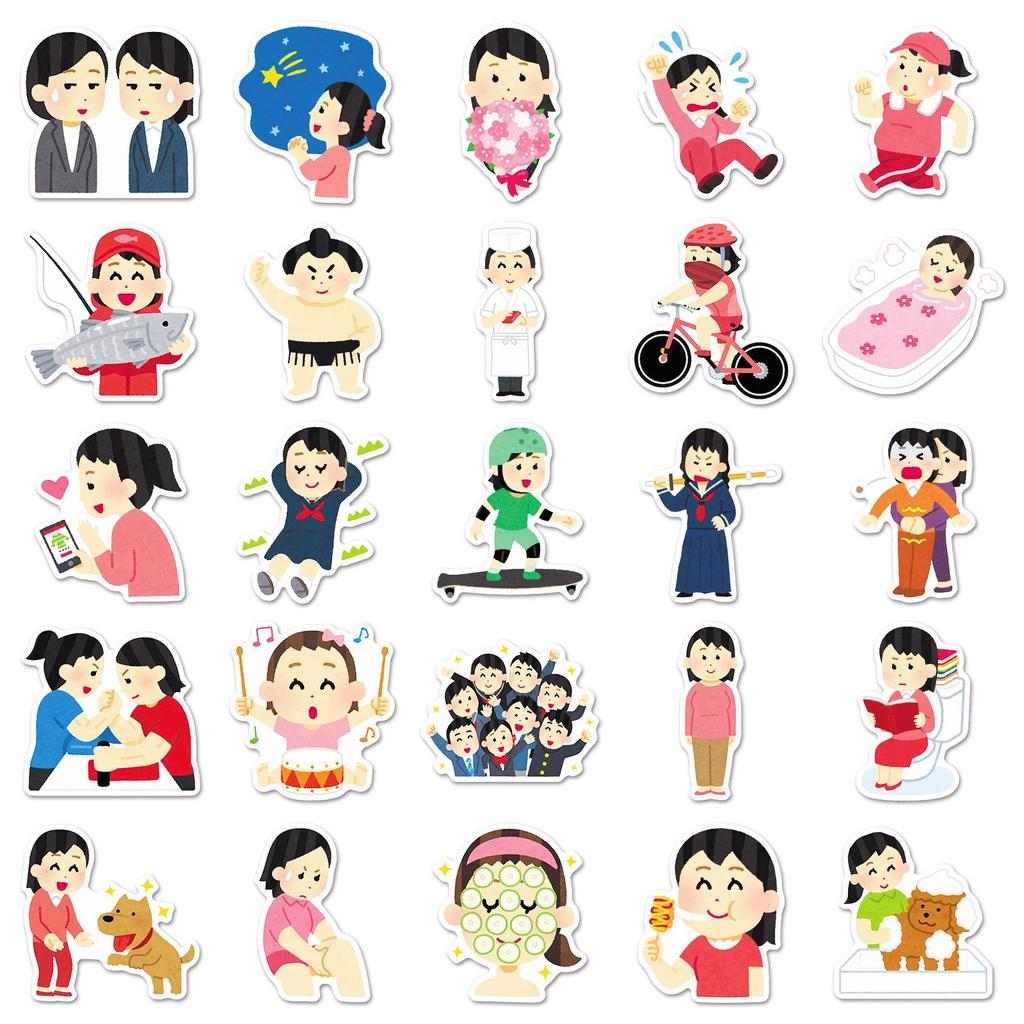 50 Japanese Character Graffiti Stickers - Cute Cartoon Emoticons for Phone, Tablet, Planner, or Sticker Book Decoration