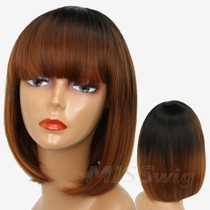 Lindo cabelo curto Bob para mulheres peruca sintética marrom com franja