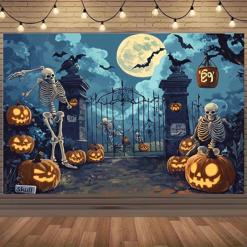 1 piece of Halloween polyester background cloth - skull pumpkin lantern and full moon design Halloween decoration 130x150cm