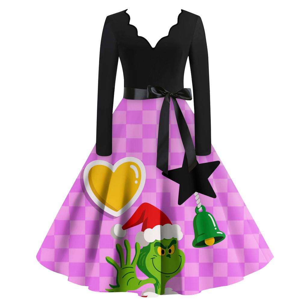 Ladies' Fashionable Retro Long Sleeved Square Neck Christmas Printed Evening Dress Dress