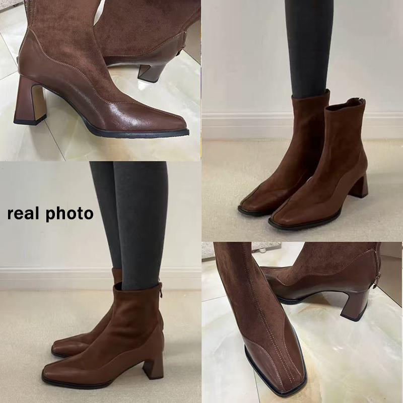 Fashion Elegant Square Toe Solid Pu Black Chelsea Boots Women 2025 Autumn French Retro High Heel Ankle Boots Retro Brown Suede Booties