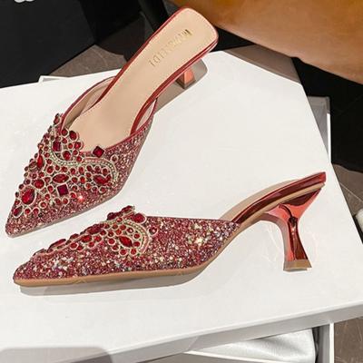 Damen Pantoffeln Sommer Neu Strass Halb Pantoffeln Zehentrenner Hohe Hacken Pantoffeln für Damen Außen Dünne Absätze und Spitze Zehen