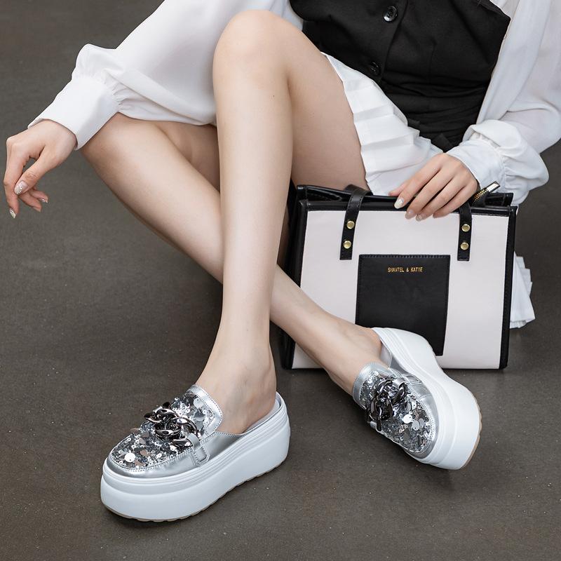 

Heeless half slippers sequined Korean version women s summer new slippers 2025 casual fashion solid color metal tide 39 серебряный