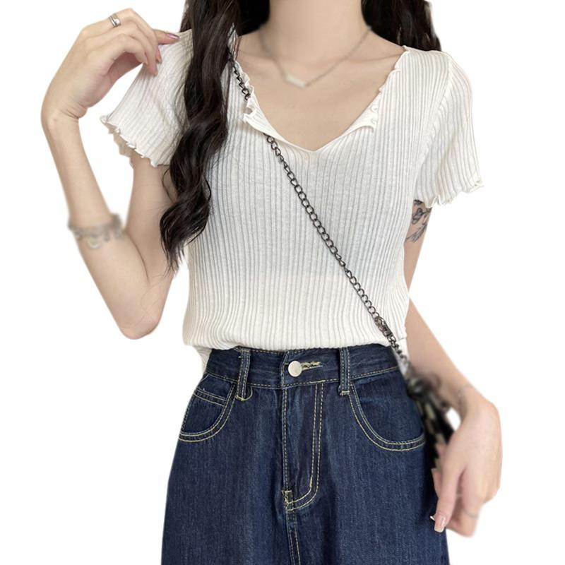 

Женские топы однотонные повседневные трикотажные с короткими рукавами корейской версии