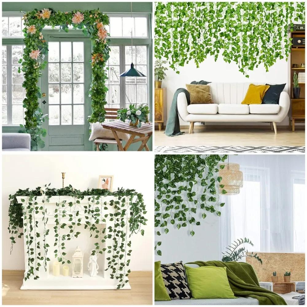 12PCS Artificial Plants Home Decoration Fake Vine Greenery Room Decoration Green Leaves Wall Liana Ivy Decorative Creeper Foliag