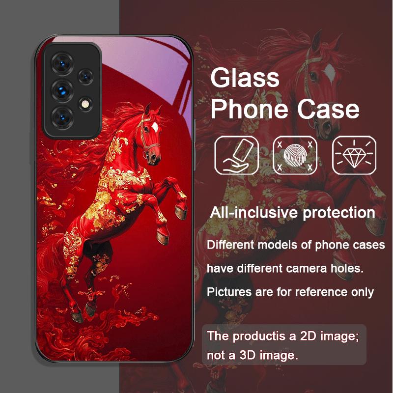 Stylish Chinese-Style Red Horse Print Tempered Glass Phone Case for Samsung Galaxy A56 A17 A55 A54 A53 A52 A36 A14 A31 A51 Cover