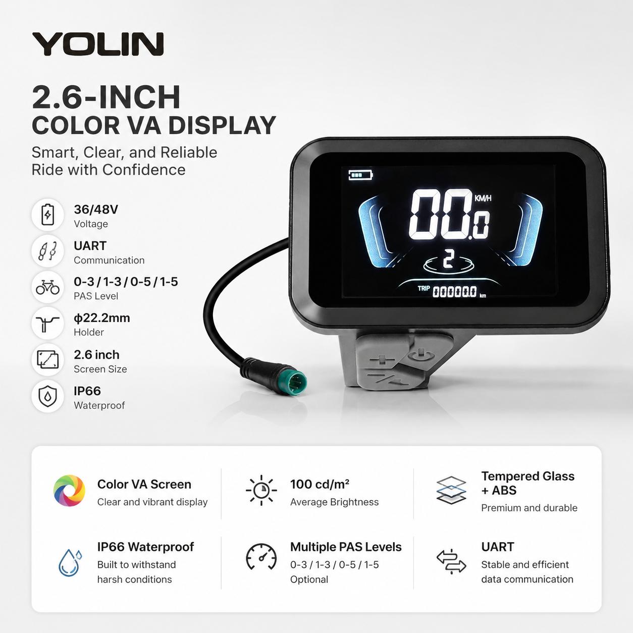 YOLIN 61F-F Elektrofahrrad Farbe VA-Bildschirm 2,6 Zoll Armaturenbrett Ersatzteile Zubehör für E-Bike IP66 Wasserdicht 100 Nits schwarz