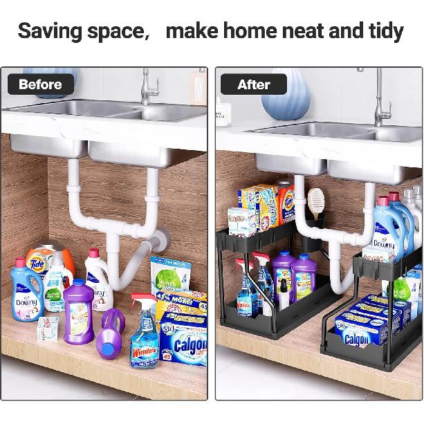 Étagère de rangement sous évier, rangement d'armoire de cuisine, tiroir de rangement à double glissière, panier de rangement polyvalent pour salle de bain