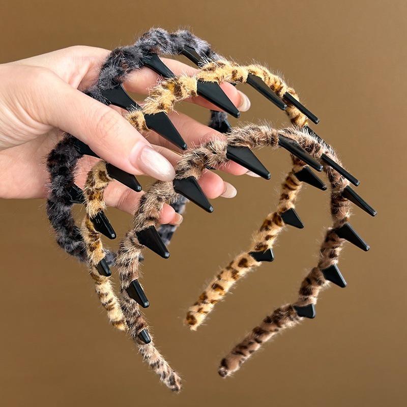 Korean Leopard Print Wave Headband for Women - High Crown Fluffy Hair Clip & Face Wash Accessory