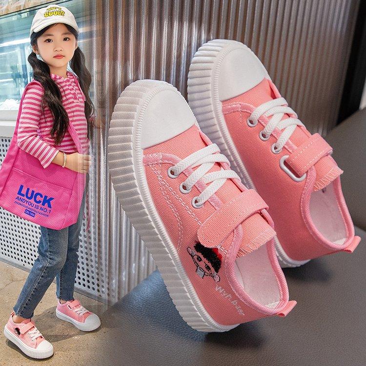 Korean version of girls' white shoes children's canvas shoes girls cartoon cute casual sports shoes embroidered running board shoes