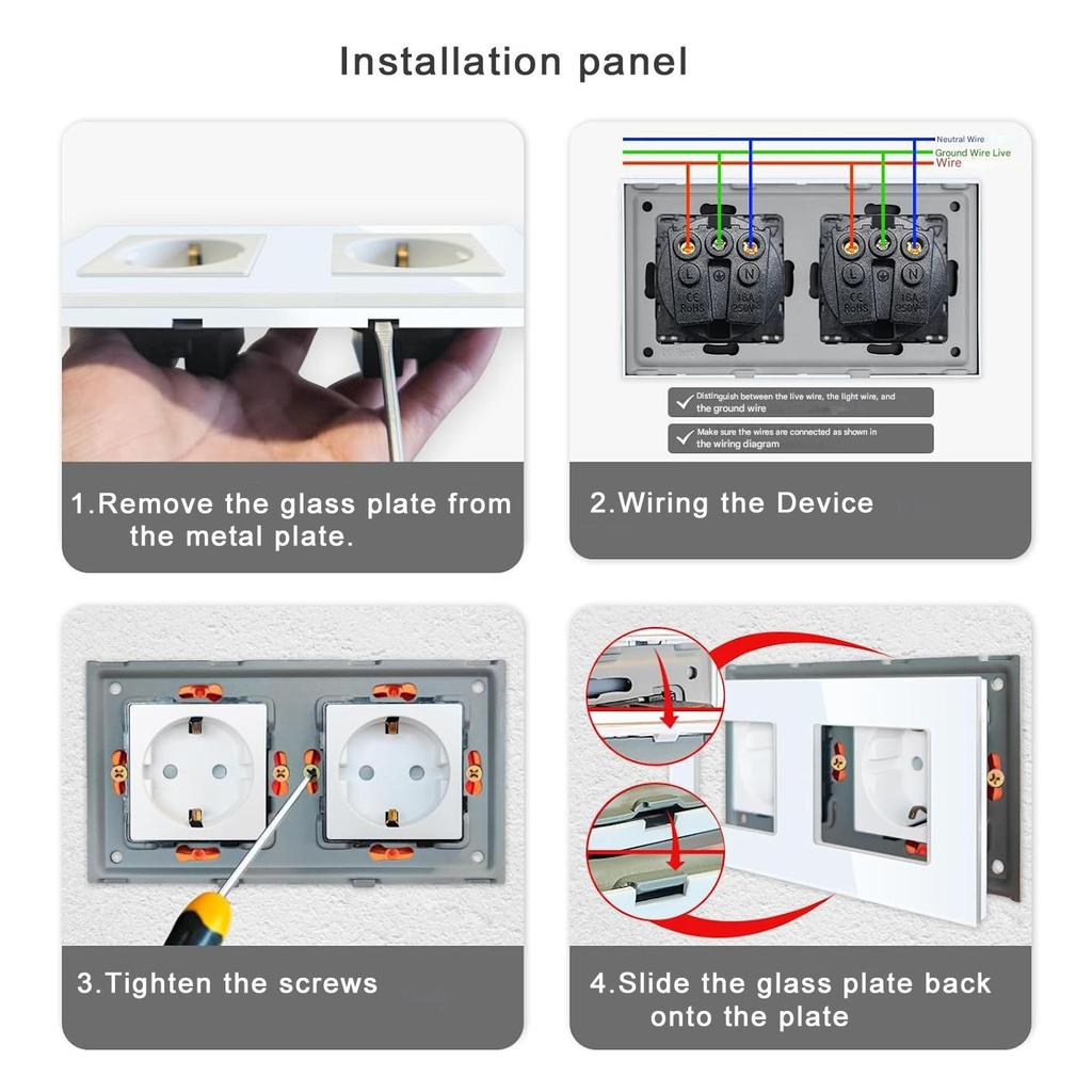 European Standard 16A Wall Socket, Model 157, with Tempered Glass Panel, 250V, Double Socket for Round Box Installation