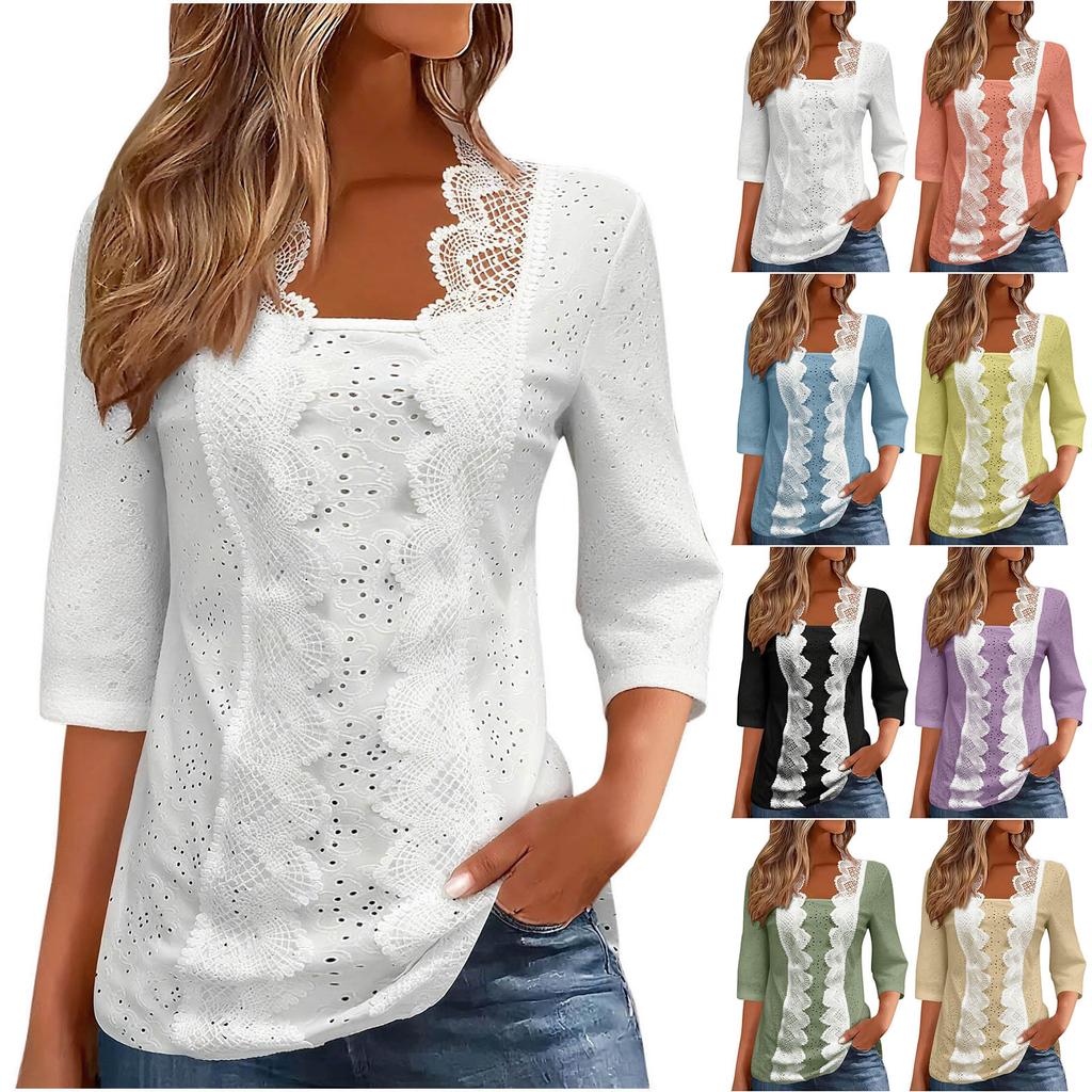Women's Casual Fashion Lace Shirt Three-quarter Sleeve Top