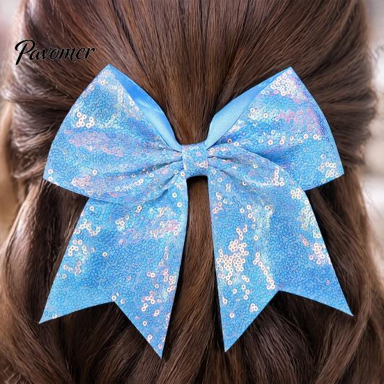 Shiny Hair Bows for Girls Sequins Bows, Elastic Tie, Large Cheerleading Stage Costume Accessories Band Ponytail Holder, Glitter Scrunchies Women Teens