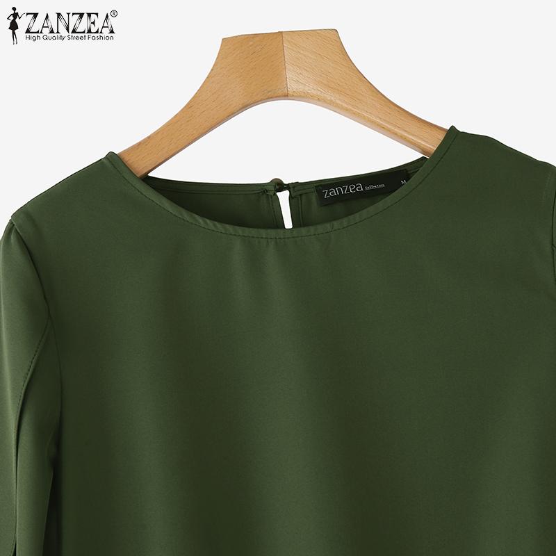 ZANZEA Women Casual Round Neck 3/4 Sleeve Solid Color Loose Blouse