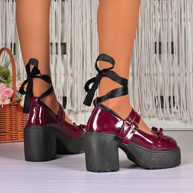 Fashion One-button Block Heel Single Shoes Autumn New Round Bow Platform Non-slip High Heels