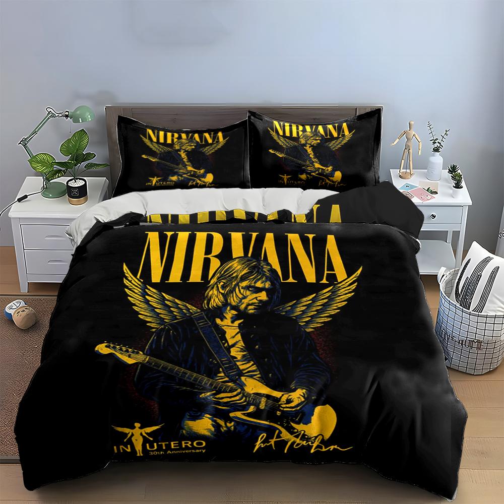Nirvana Band Print Bedding Set Black Theme Bedding set (1 duvet cover, 2 pillowcases, duvet not included)