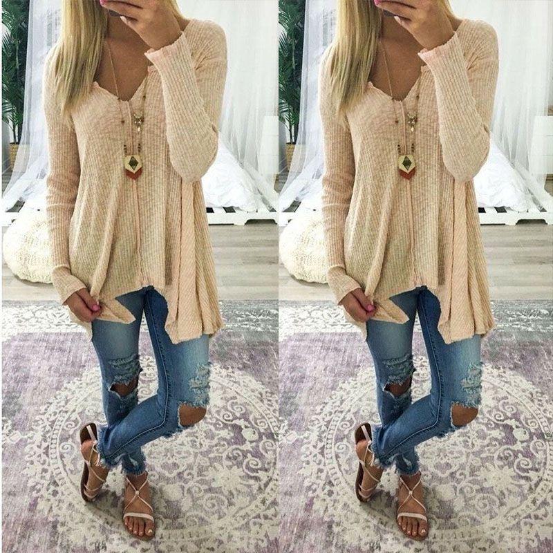 Elegant Plus Size Women Long Sleeve Loose Blouse With Baggy V Neck Tunic T Shirt