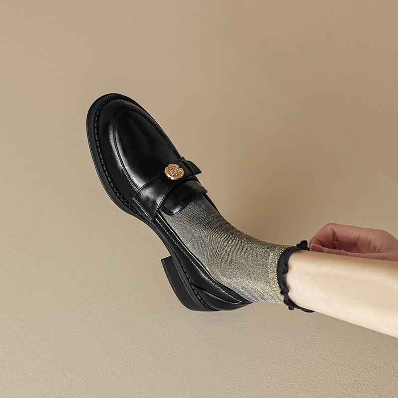 Lan Cabinet pedal camellia small leather shoes 2025 spring and autumn new mid-heeled single shoes British style thick heel loafers women