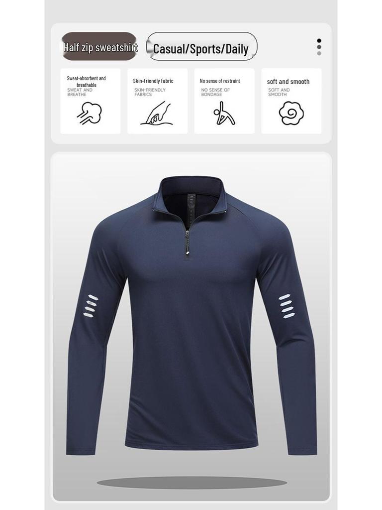 Herren Sport-T-Shirt mit halbem Reißverschluss, langärmelig, schnelltrocknend, für Laufen & Radfahren