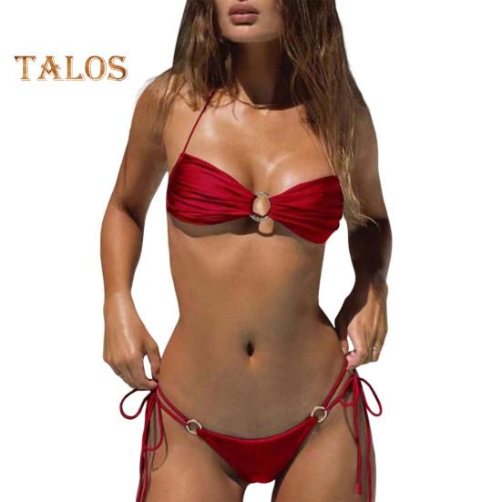 

Женский купальник из двух частей, бикини с треугольными чашечками и завязками на шее, с металлическими кольцами, плиссированный купальник с вырезом, пляжная одежда для вечеринки в отпуске M красный