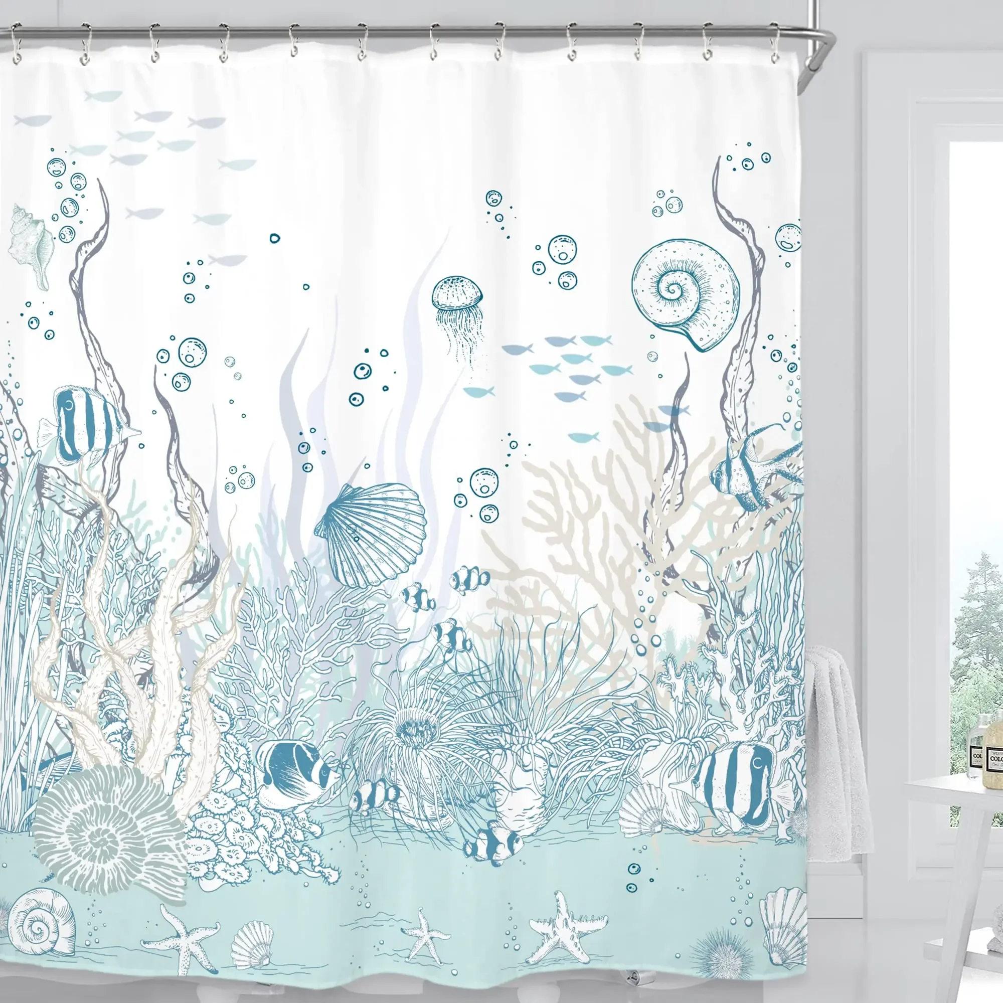 

Морська зірка Раковина Корал Пляж Шторка для ванни з океанською тематикою Підводний Морський Душові шторки Водонепроникна тканина Декоративна для ванної кімнати W90xH180cm
