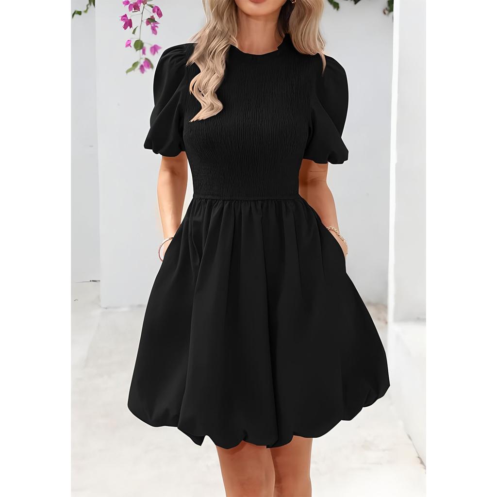 Women's Fashionable Solid Color Round Neck Bubble Short Sleeved Bohemian Pleated A-line Dress