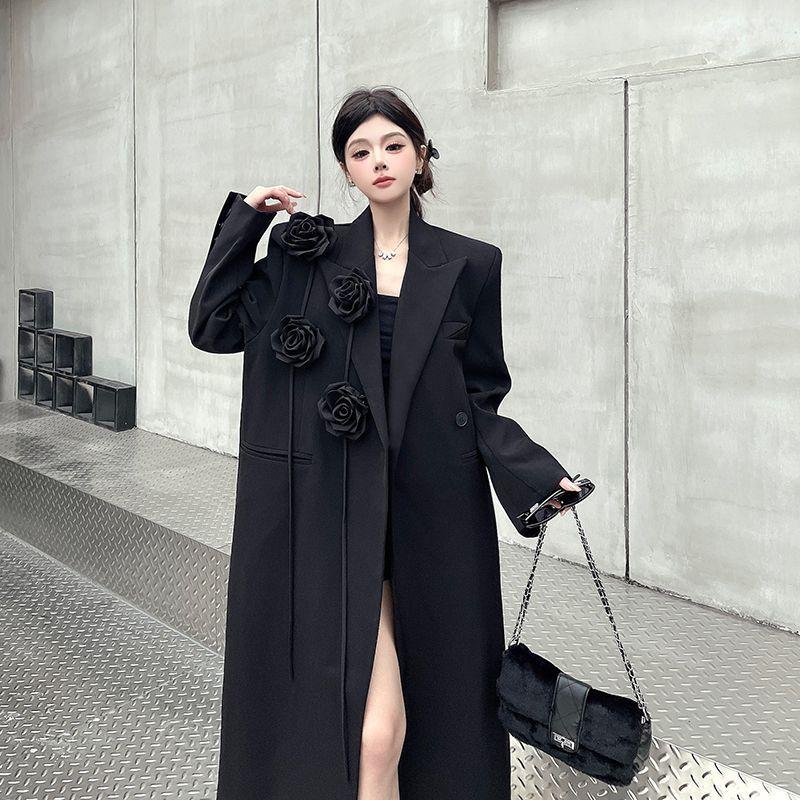 Loose Fit Black Womens Blazer Coat Winter Elegant Stereoscopic Floral Embroidery Heavy Duty Long Trench Suit Jacket