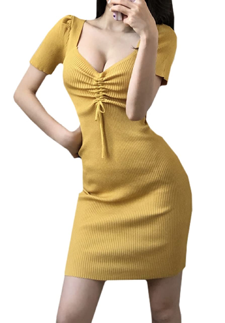 

Coco and Yuka Sexy Mini Dress with Ribbon and Sleeveless Chest Women s Tight, (Yellow)