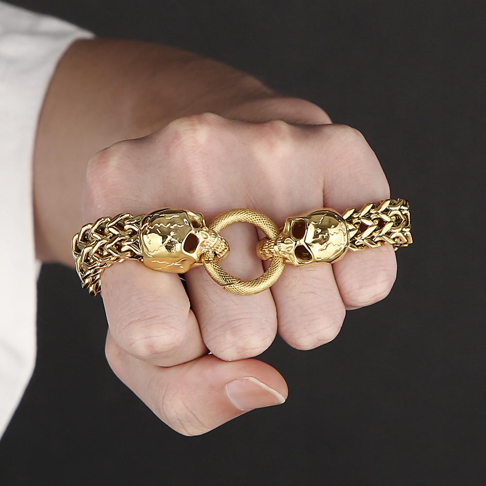 Punk Rock Double Skull Head Face Design Men's Bracelet 11MM Width Stainless Steel Square Franco Link Chain Skeleton Jewelry Male