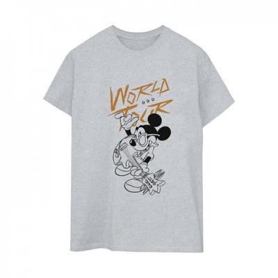 Camiseta feminina/feminina Mickey Mouse World Tour Line Cotton Boyfriend