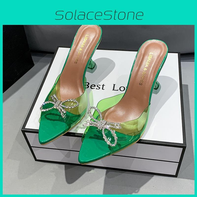 Elegant Onestring Pointed Toe Slipon Sandals With Crystal Embellishments For Ladies