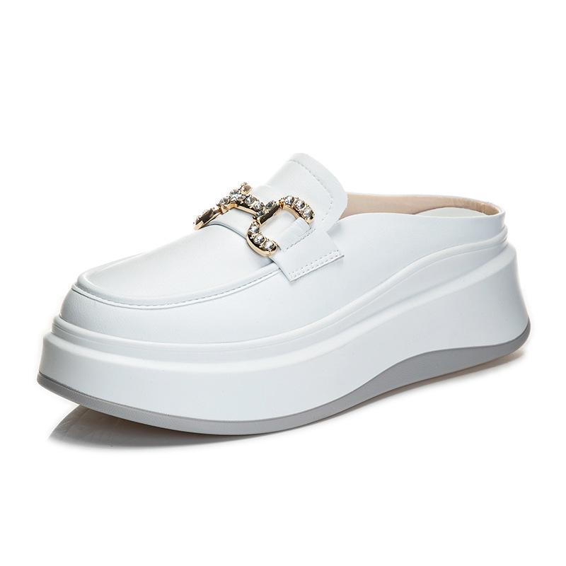 6Cm height increase real soft leather bag head half slippers women 2025 autumn new Internet celebrity thick sole without heel lazy shoes tide